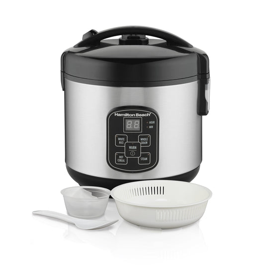 Hamilton Beach Digital Programmable Rice Cooker & Food Steamer, 8 Cups Cooked (4 Uncooked), With Steam & Rinse Basket, Stainless Steel (37518)