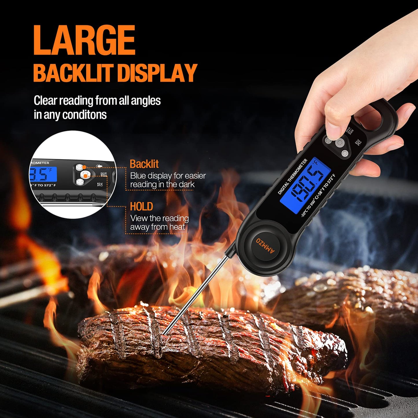 AMMZO Digital Meat Thermometer for Grilling, Instant Read Food Thermometer Waterproof with Backlight for Cooking, Deep Fry, BBQ, Grill, Smoker and Roast