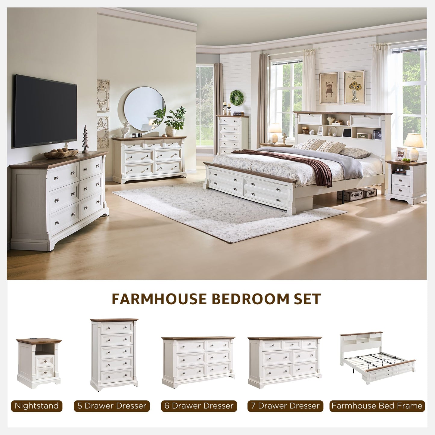T4TREAM Farmhouse 7 Drawers Dresser for Bedroom, 54" Wide Wood Rustic Chest of Drawers w/Roman Column, Wooden Storage Dressers Organizer for Bedroom, Living Room, Closet, Antique White