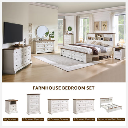 T4TREAM Farmhouse 7 Drawers Dresser for Bedroom, 54" Wide Wood Rustic Chest of Drawers w/Roman Column, Wooden Storage Dressers Organizer for Bedroom, Living Room, Closet, Antique White