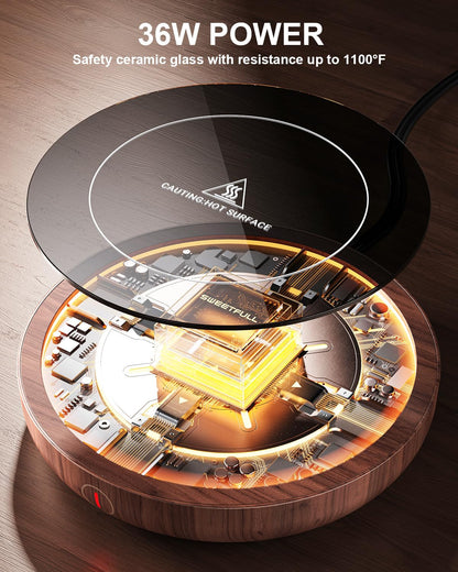 SWEETFULL Coffee Mug Warmer, 36W Electric Cup Warmer for Desk with 3-Temp Settings Advanced Temperature-Controlled Heating Coffee Gifts Accessories for Women Men Milk, Tea, Candle - Wood