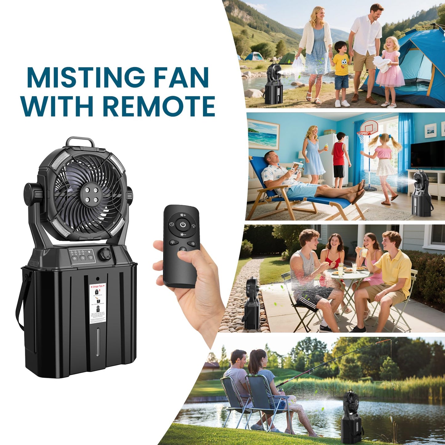 MAGTHIC Misting Fan Portable for Outside Patios- 20000mAh Rechargeable Battery Powered fan, 3 LED Light Modes & Stepless Speed Control Camping Fan with 6L Bucket, Remote Control