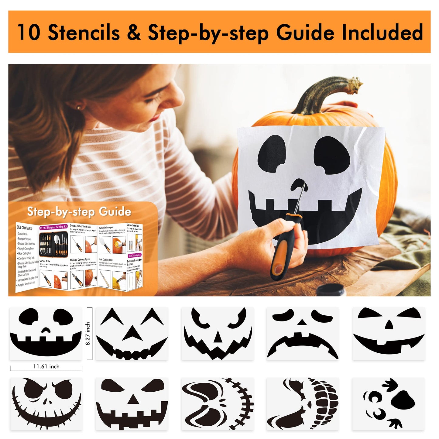 Shuttle Art 35 PCS Halloween Pumpkin Carving Kit, 11 PCS Professional Stainless Steel Pumpkin Carving Tools with 10 Stencils and 12 Electronic Candles, Safe, Fun and Durable for Kids Adults Carving