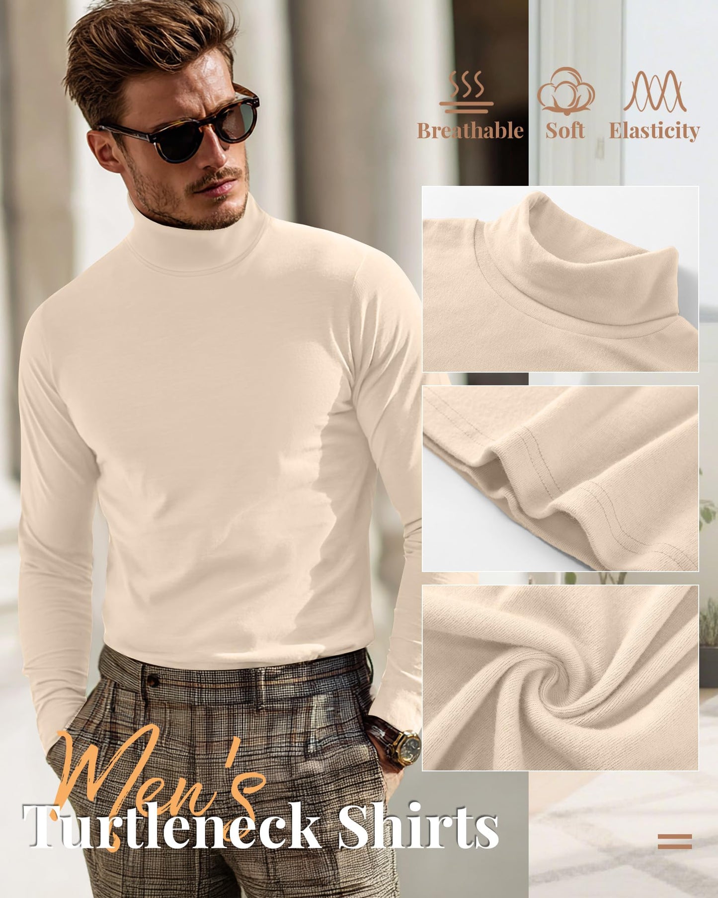 Ficerd 3 Pack Men's Turtleneck Shirts, Long Sleeve Cotton Pullover Sweaters Mock Neck Knitted T Shirt Basic Slim Fit Tee Tops(Black, Brown, Apricot,X-Large)