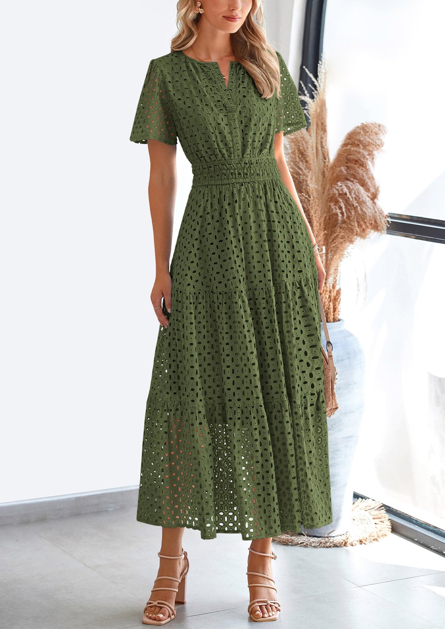 PRETTYGARDEN Womens 2025 Summer Maxi Dress Short Sleeve V Neck Hollow Out Eyelet A Line Long Flowy Beach Vacation Dresses (Army Green,Medium)