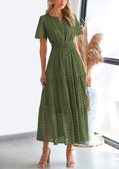 PRETTYGARDEN Womens 2025 Summer Maxi Dress Short Sleeve V Neck Hollow Out Eyelet A Line Long Flowy Beach Vacation Dresses (Army Green,Medium)