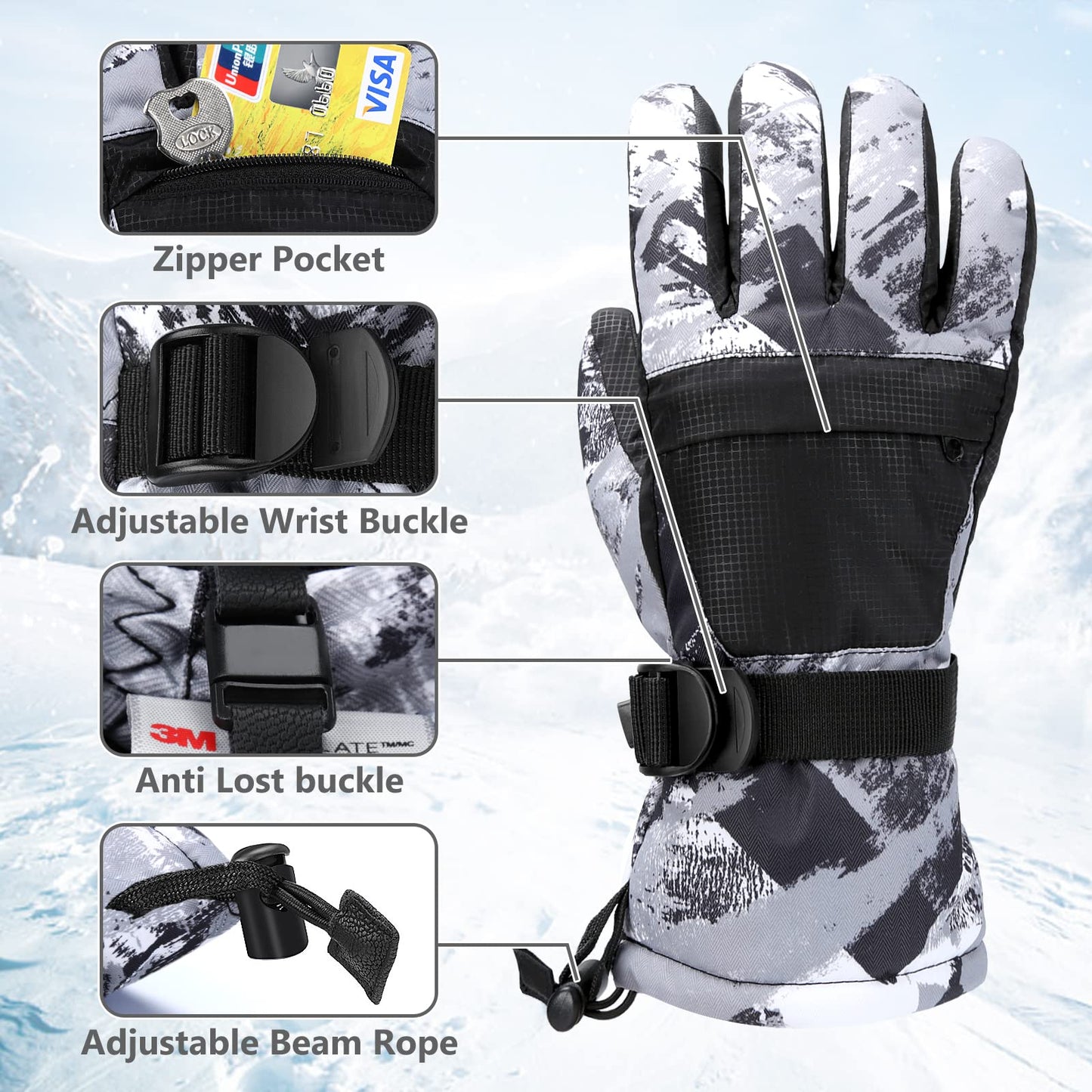 Odtmger Ski Gloves, Warmest Waterproof and Breathable Snow Gloves for Cold Weather, Fits Both Men & Women,for Parent Child Outdoor