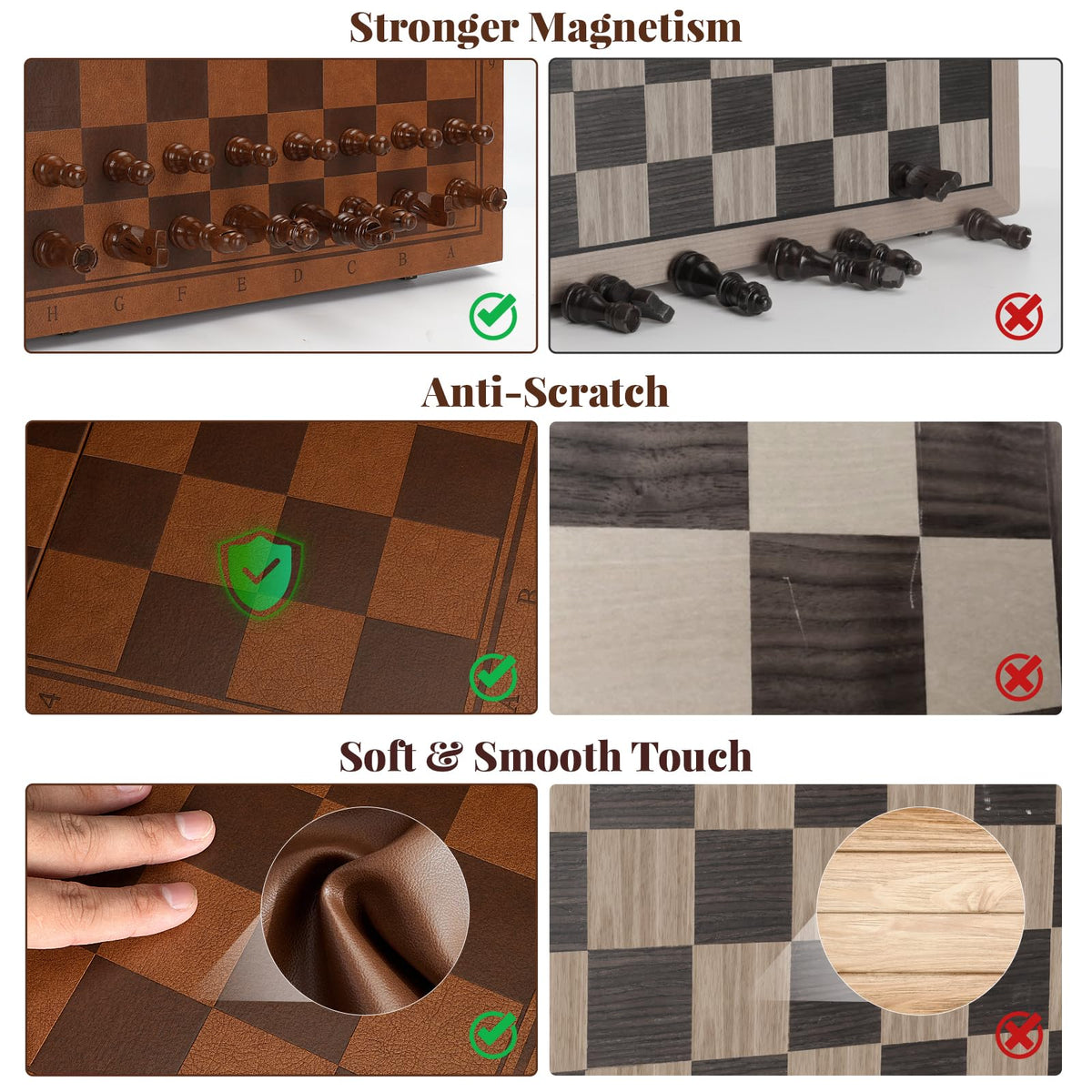 Strong Magnetic Chess Set for Adults & Kids, 15.4" Leather Chess Board & Handcrafted Wooden Chess Pieces with Storage Slots, Portable Travel Chess Game for Beginner and Professional