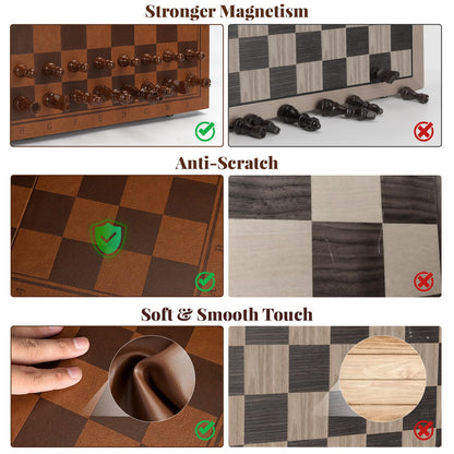 Strong Magnetic Chess Set for Adults & Kids, 15.4" Leather Chess Board & Handcrafted Wooden Chess Pieces with Storage Slots, Portable Travel Chess Game for Beginner and Professional