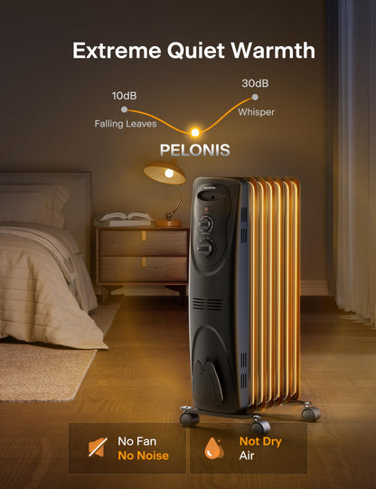 PELONIS Oil Filled Radiator Heater for indoor use Large Room Safe with Thermostat, 1500W Energy Efficient Quiet Space Heater, 3 Heat Settings & 8H Timer, Overheat & Tip-Over, Black