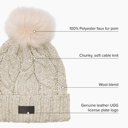 UGG Knit Cable Beanie with Faux Fur Pom Light Grey One Size