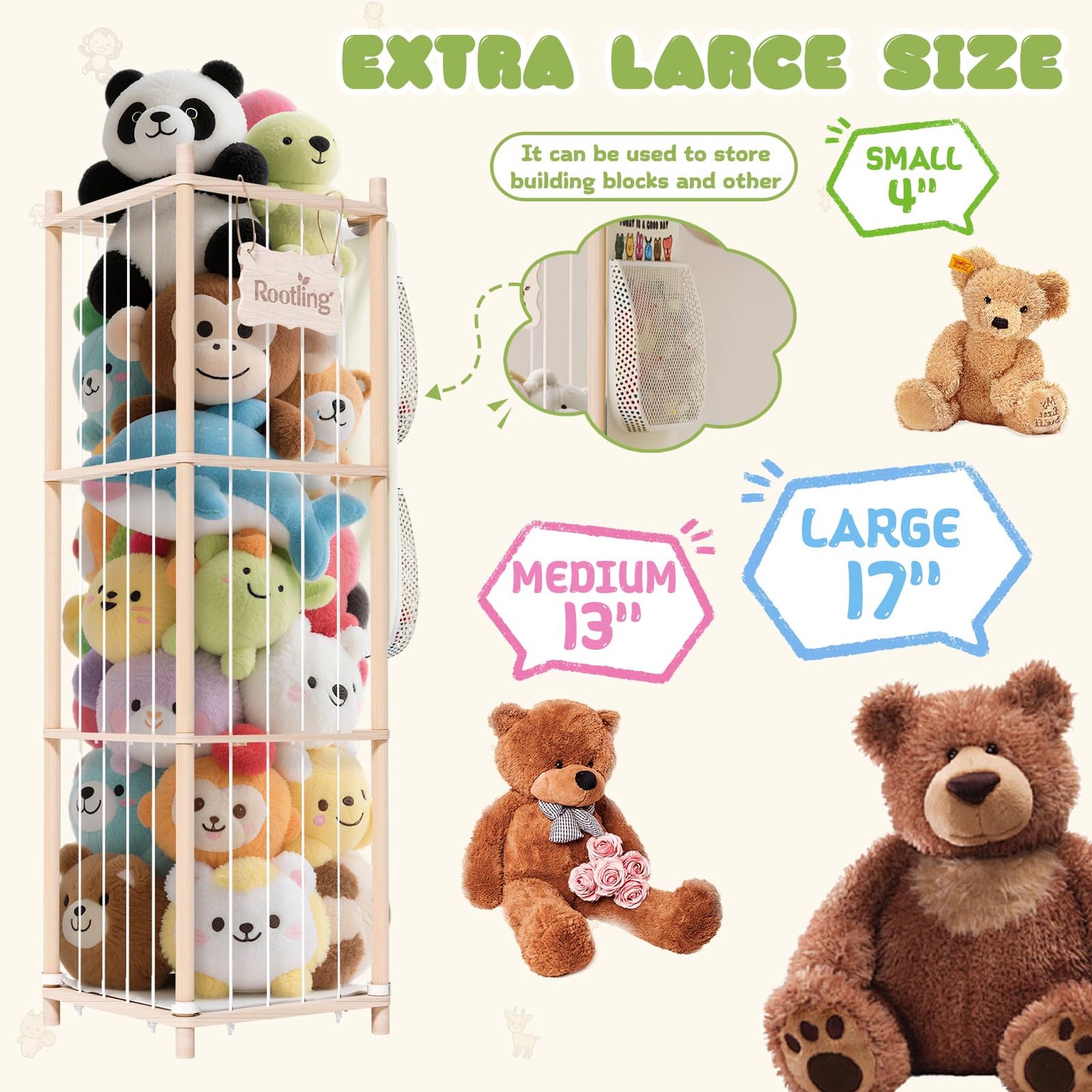 Stuffed Animals Storage & Organizer, 54 inch Tall Wooden Cute Zoo Toy Holder w/Building Block Storage Bag, Premium Wooden Material with Elastic Cord For Toddler Rooms, Playrooms & Bedrooms