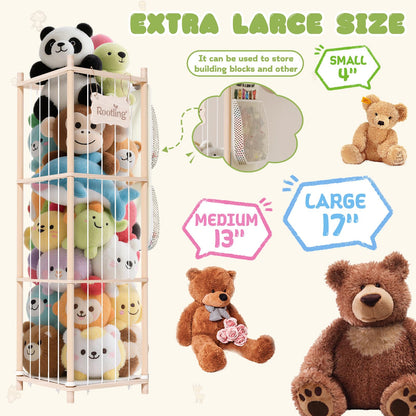 Stuffed Animals Storage & Organizer, 54 inch Tall Wooden Cute Zoo Toy Holder w/Building Block Storage Bag, Premium Wooden Material with Elastic Cord For Toddler Rooms, Playrooms & Bedrooms