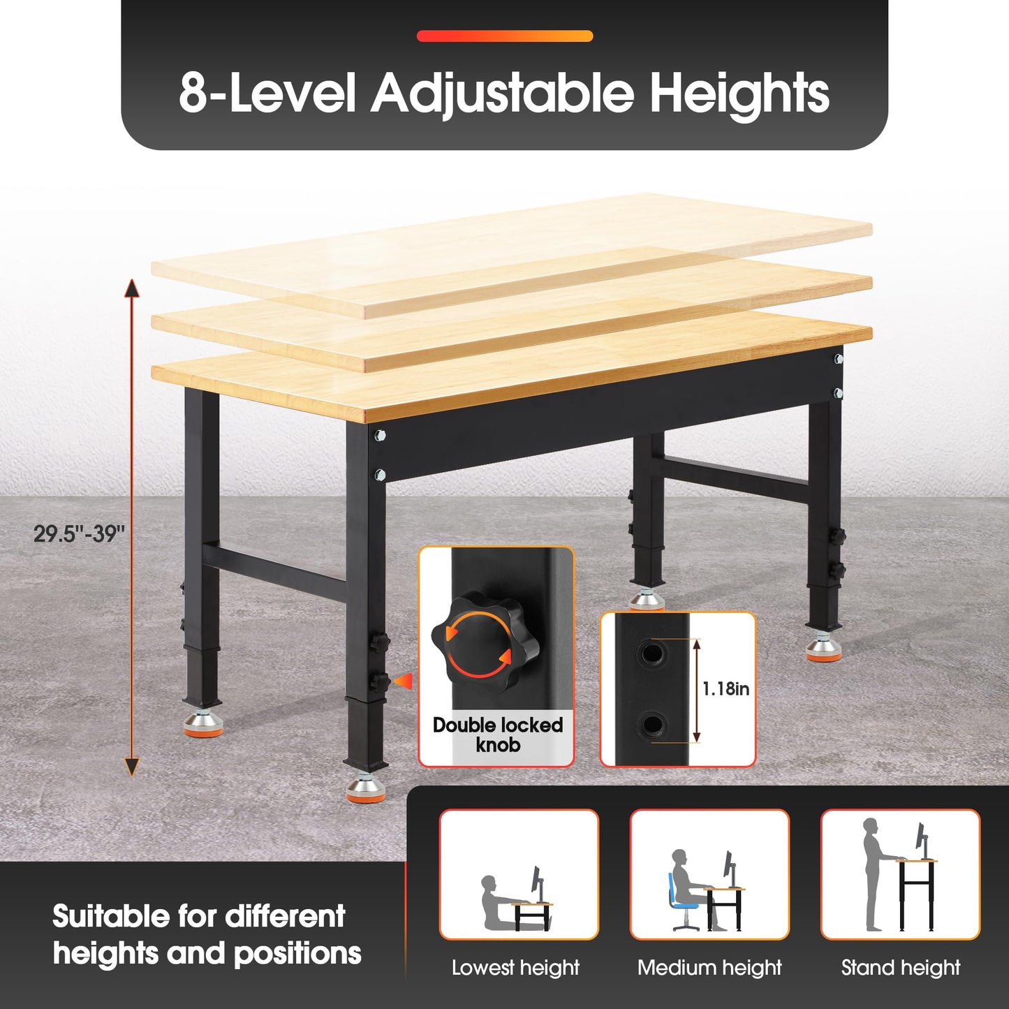 Antifir 48" Adjustable Workbench,Heavy Duty Workstation with Rubber Wood Top, 2000 LBS Load Capacity Hardwood Garage Workbench for Garage,Office,Workshop,Home, Easy Assembly