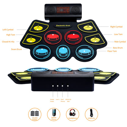 Electric Drum Set for Kids, Electronic Drum Pad with Light Up Drumsticks and Drum Stand, Bulit-in Double Speakers and Rechargeable Battery, Kids Drum Set with LED Drumsticks, 9 Pads Digital Drum Kit