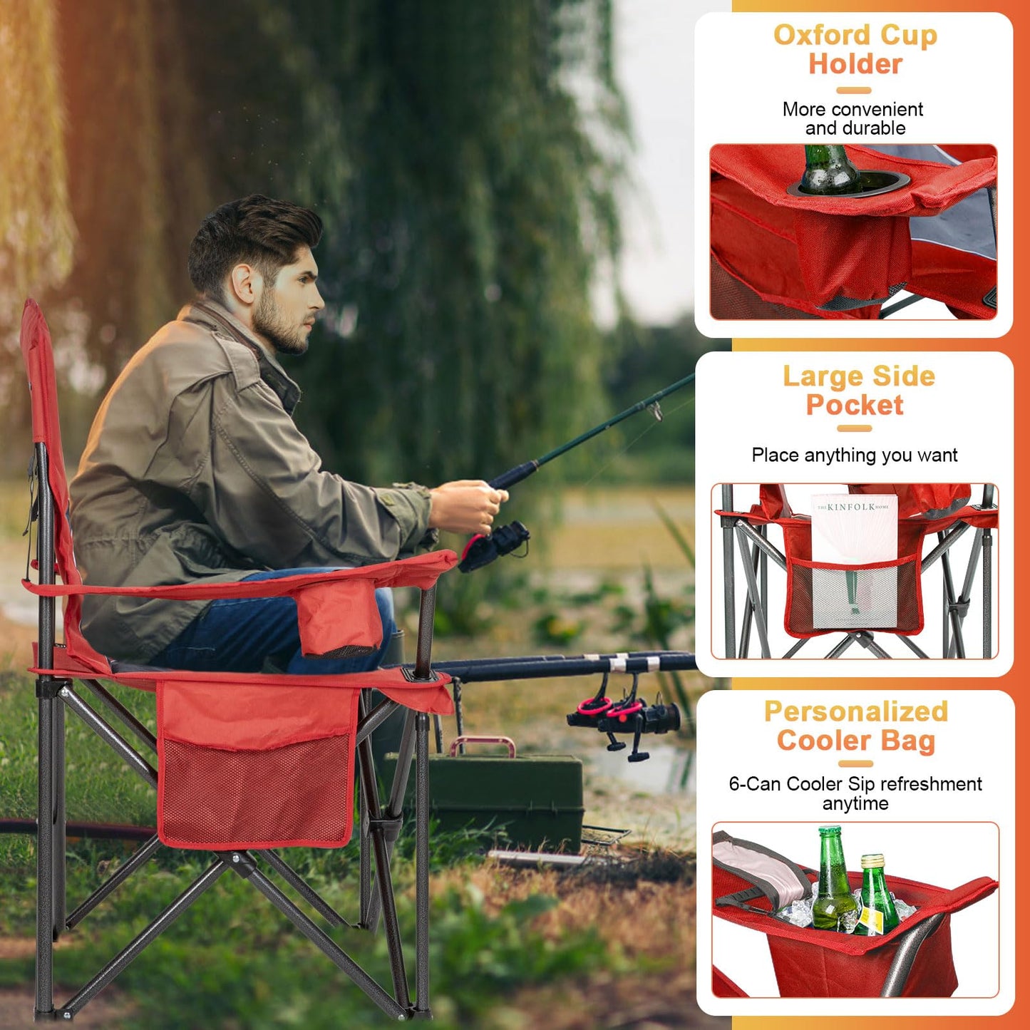 Romswi Oversized Camping Chairs,Heavy Duty Support 500 LBS,Padded Back & Arm Sport Chairs, Cup Holder Cooler Bag, Collapsible Folding Chairs for Outdoor, Fishing & Garden, Red,2-Pack