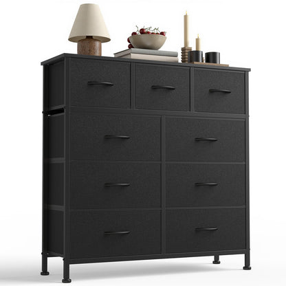 Sweetcrispy 9-Drawer Fabric Dresser Storage Tower with Wood Top and Steel Frame, Organizer Chest with Easy Pull Handles for Bedroom, Closet, Hallway,Classic Black