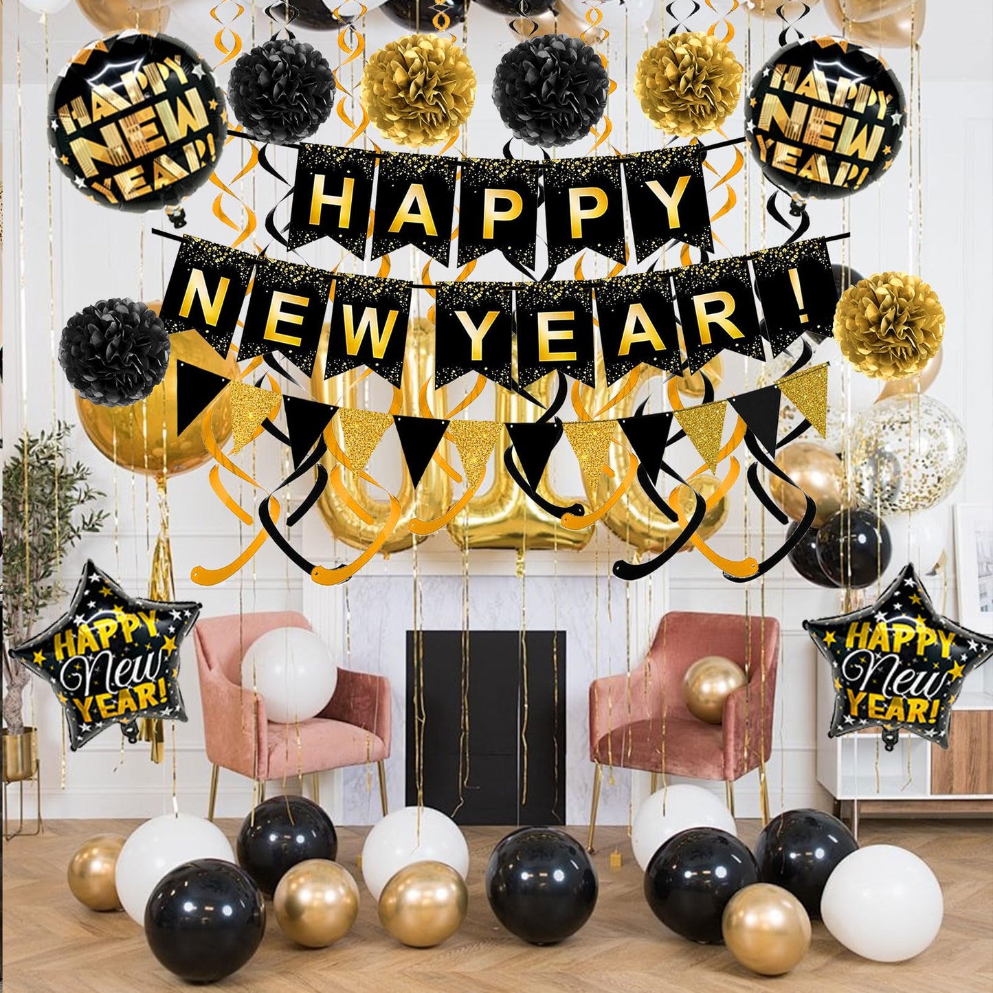 Brand:Oh baby,HAPPY NEW YEAR Paper Banner Triangle Flag Bunting Pom poms Swirl Streamers Aluminum foil balloons for New year Party Decorations