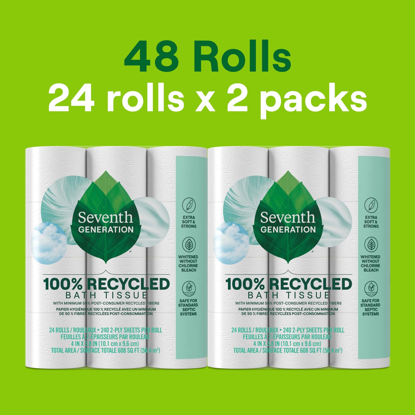 Seventh Generation Toilet Paper White Bathroom Tissue 2-ply 100% Recycled Paper without Chlorine Bleach 24 count, Pack of 2