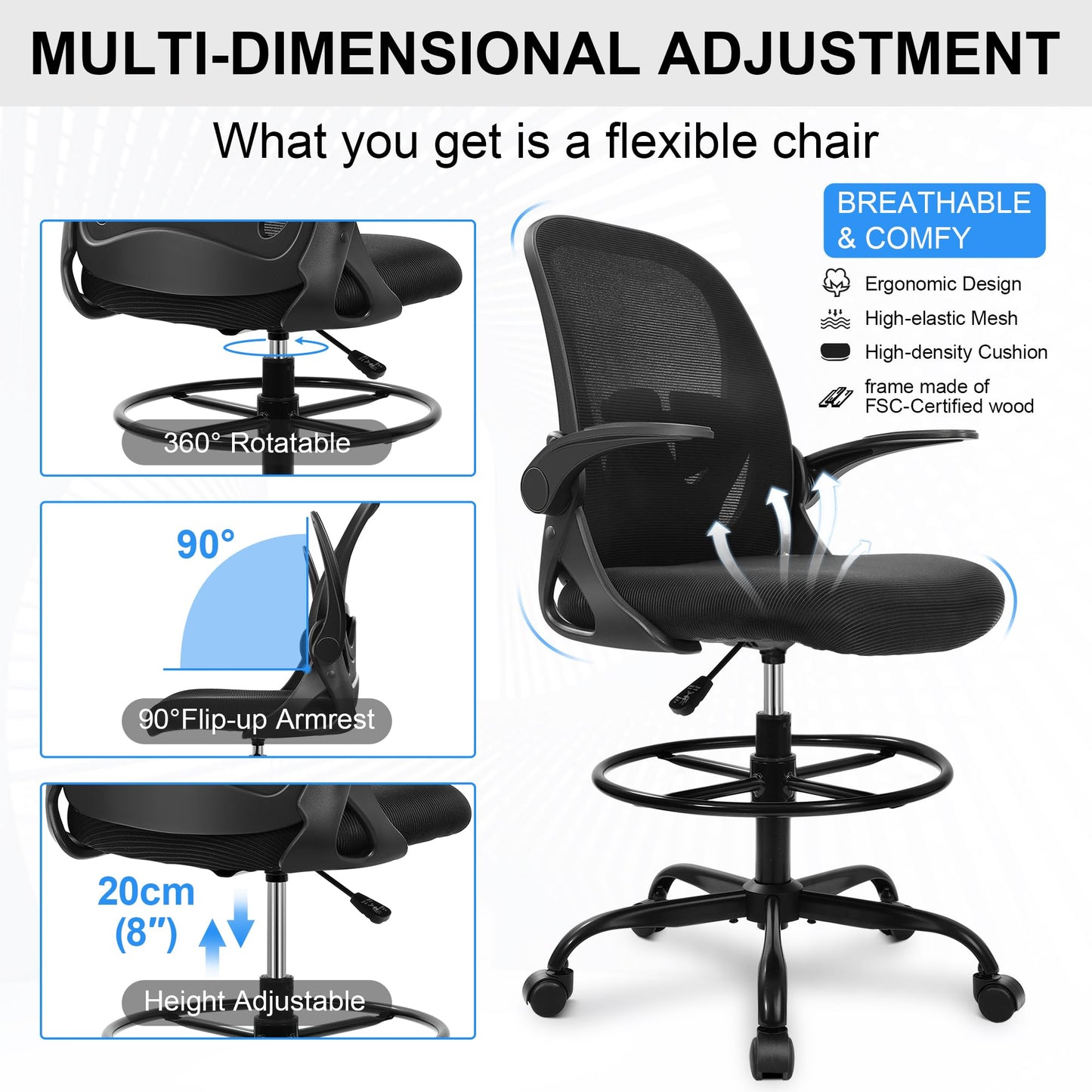 Primy Drafting Chair Tall Office Chair with Flip-up Armrests Executive Ergonomic Computer Standing Desk Chair with Lumbar Support and Adjustable Footrest Ring (Black)