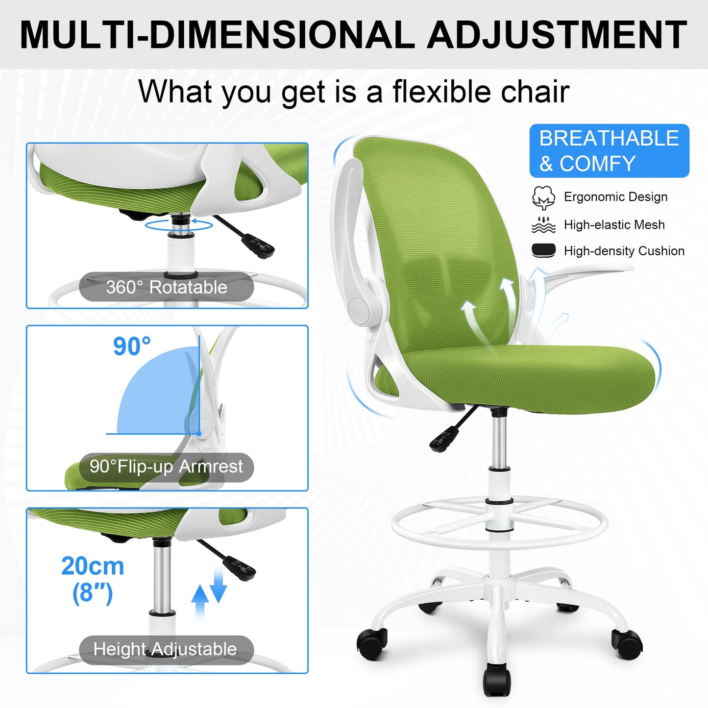 Primy Drafting Chair Tall Office Chair with Flip-up Armrests Executive Ergonomic Computer Standing Desk Chair with Lumbar Support and Adjustable Footrest Ring（Green）