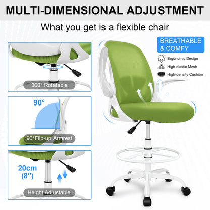 Primy Drafting Chair Tall Office Chair with Flip-up Armrests Executive Ergonomic Computer Standing Desk Chair with Lumbar Support and Adjustable Footrest Ring（Green）