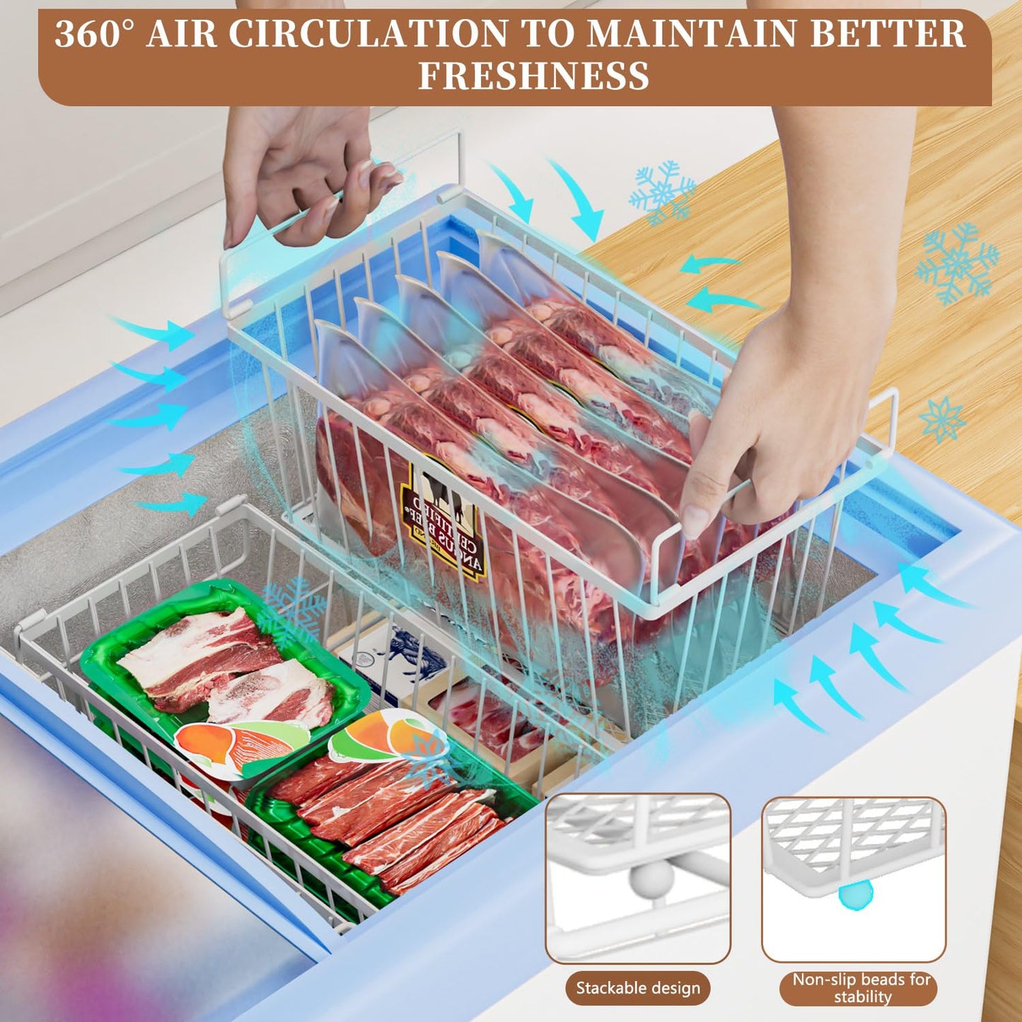 ANJUBAN Enhanced Leak-Proof Bottom - Freezer Organizer Bins ，4 Pack Stackable Deep Freezer Organizer Bins for 7 Cu.FT Small Chest Freezer，Easy Get Bottom Foods without Digging（white）