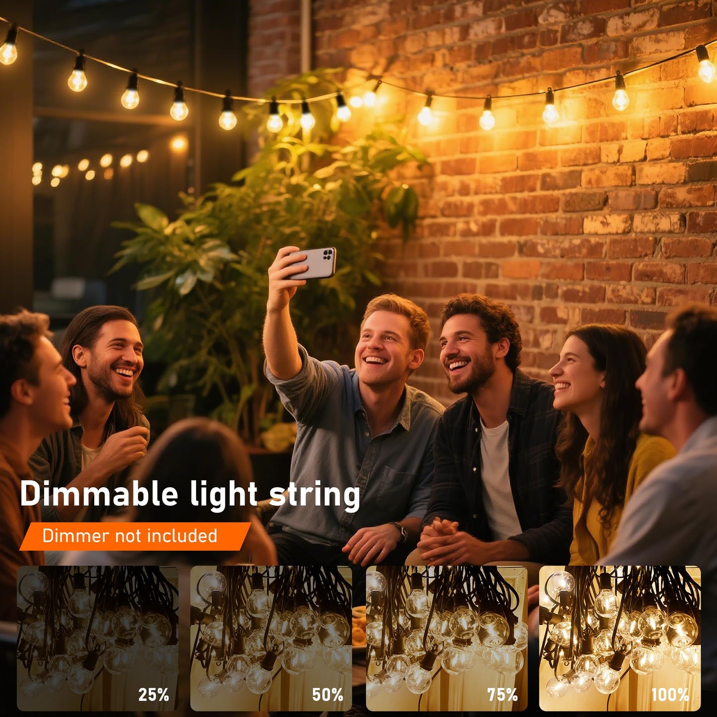 Xingzd 50FT Outdoor String Lights, 25 G40 Edison Golbe Bulbs + 2 Spare, Shatterproof 2700K Warm White Outdoor LED Lights for Patio Garden Backyard Party Decor, E12 Socket Base, Waterproof, Black Wire