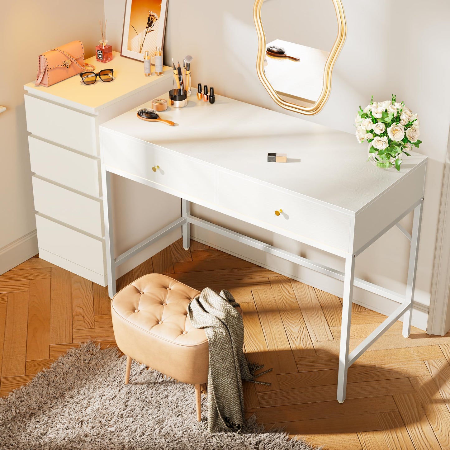 SUPERJARE Vanity Desk with Drawers, 47 inch Computer Desk, Modern Simple Home Office Desks, Makeup Dressing Table for Bedroom - White