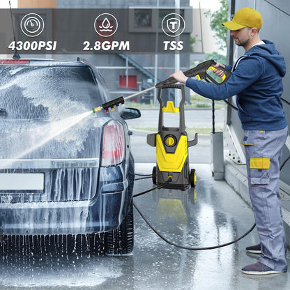 DECOKTOOL Electric Pressure Washer 4300 PSI 2.8 GPM Power Washer with 35FT Power Cord, 20FT Hose, 4 Quick Connect Nozzles, Foam Cannon, Hight Pressure Washer for Cars, Garden, Garage, Patios, Yellow