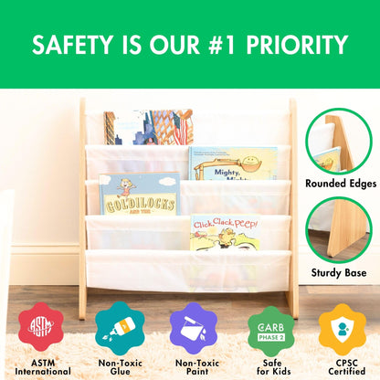 Humble Crew 4-Tier Kids Bookshelf, Natural Wood/White - Premium Book Shelf for Kids Rooms with Four Deep Pockets - Toddler Sling Book Rack with Deep Sleeves, Nursery Bookcase Organizer