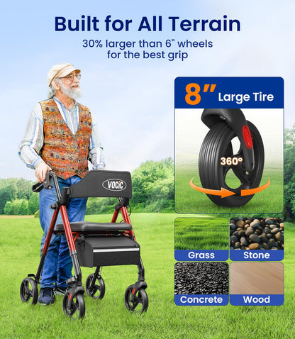 VOCIC Walkers for Seniors, Z21 Rollator Walker with Seat Supports 350lb, 8" Big Wheels for All Terrain, Ergonomic Arc Seat & 6" Ultra Backrest Foldable Walker, Dual Height Adjustment, Lightweight 2025