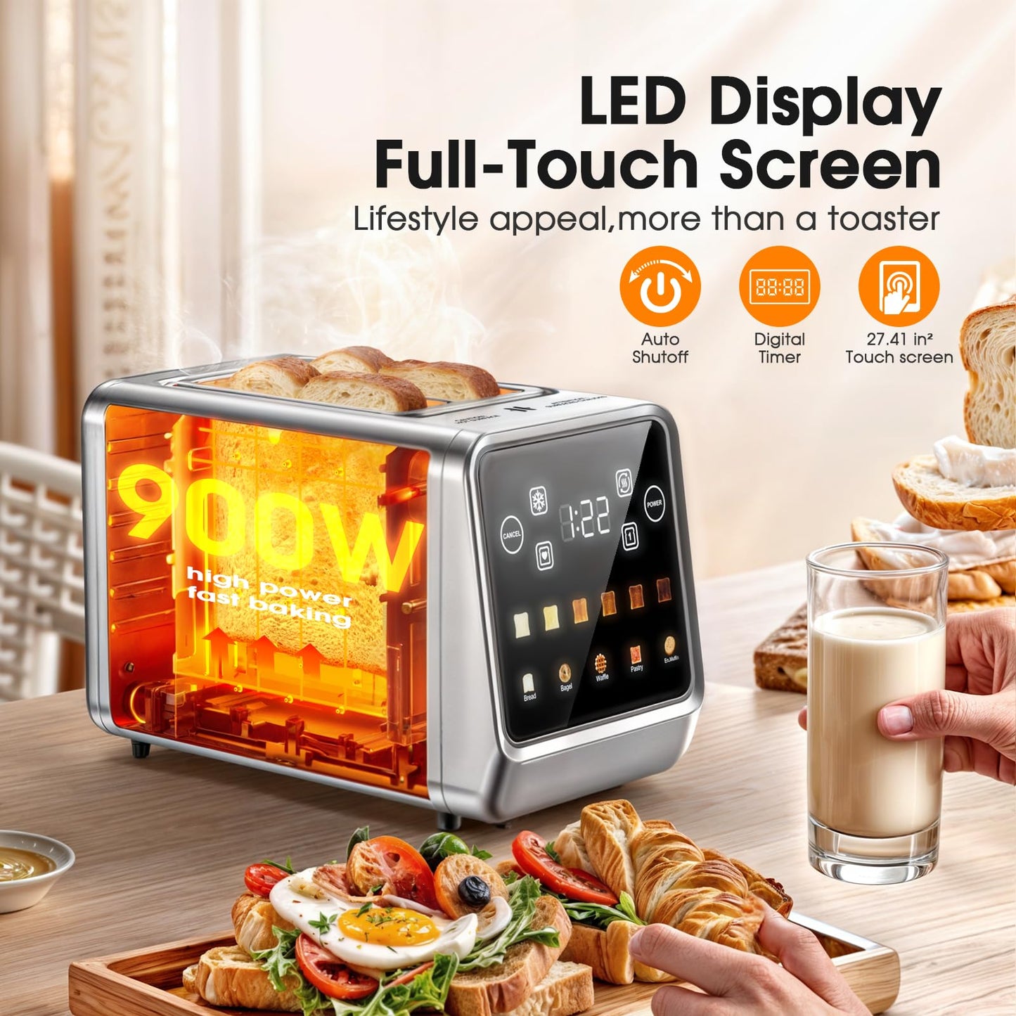PSIIDAN Touch Screen Toaster 2 Slice, Stainless Steel Smart Digital Toasters with Single Slot Toasting, Memory Function, 5 Bread Types & 6 Shade Settings, 1.5" Toasters 2 Slice Wide Slot, 900W
