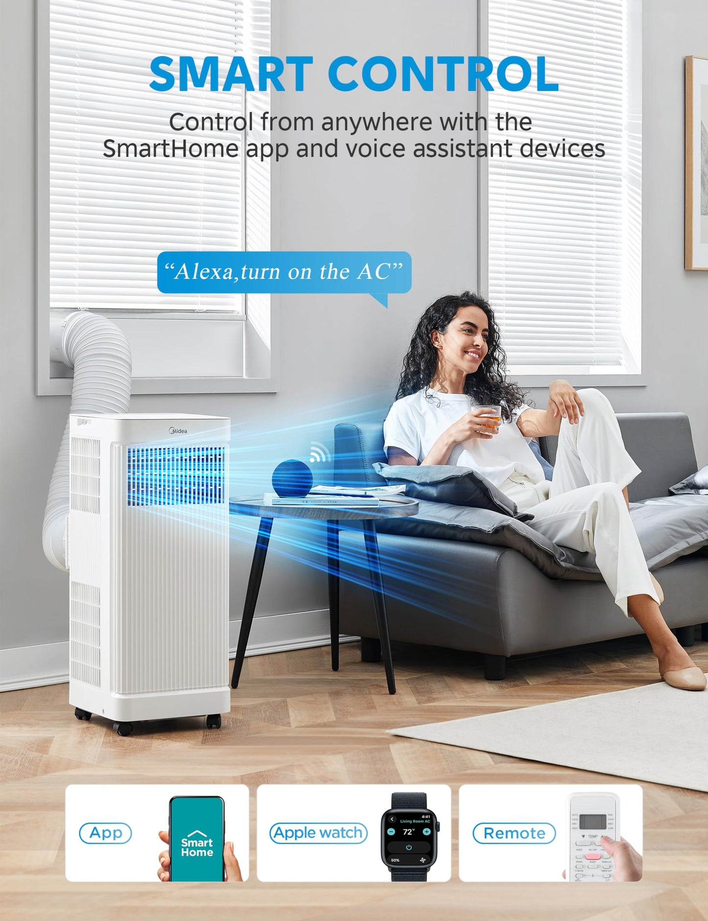 Midea 8,500 BTU ASHRAE (5,000 BTU SACC) Portable Air Conditioner Smart Control, Cools up to 150 Sq. Ft., with Dehumidifier & Fan mode, Easy- to-use Remote Control & Window Installation Kit Included