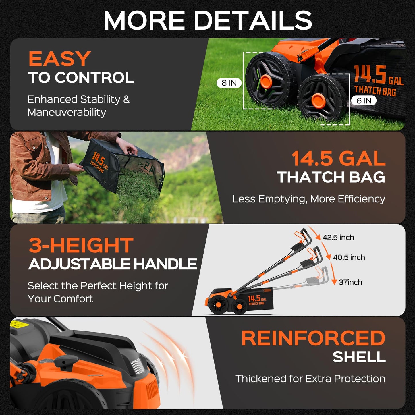 TIECTOWN 16-Inch 15.5 Amp 2-in-1 Electric Dethatcher and Scarifier with 14.5-Gallon Removable Thatch Collection Bag, Lawn Dethatcher with 5-Position Adjustment, Quick-Fold, Keeps Lawn Healthy - Orange
