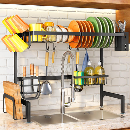 Over The Sink Dish Drainer Drying Rack - Expandable (26.8" to 34.6" W) Large Metal Dish Rack for Kitchen Counter, Kitchen Organizer with Adjustable Basket, Utensil Holder and Sponge Holder (Black)