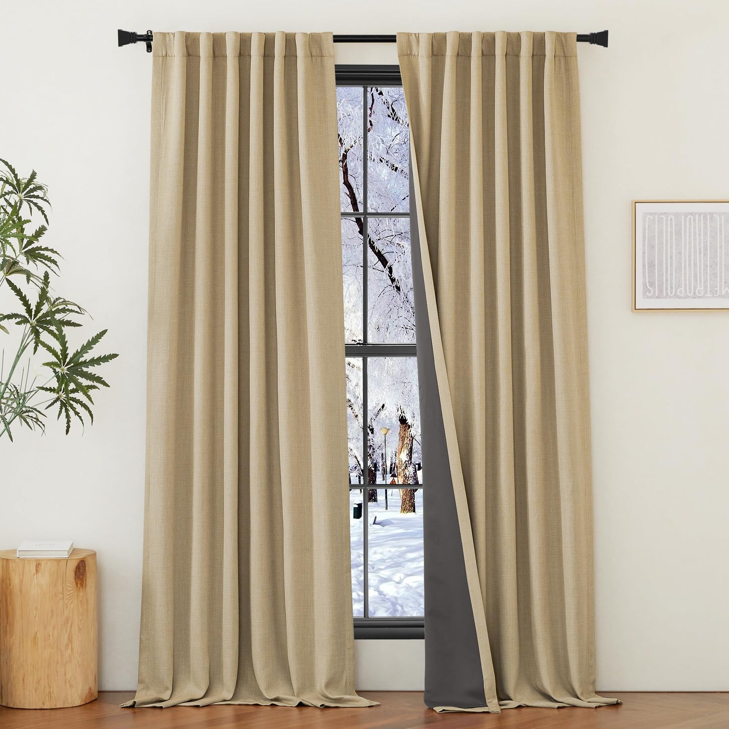 NICETOWN 100% Blackout Faux Linen Curtains for Bedroom, Pinch Pleated Cold/Sun Blocking Thermal Curtains Thick Window Treatments for Living Room/Farmhouse, Oatmeal, 2 Panels, W50 x L96