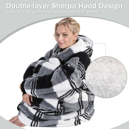 Catalonia Plaid Oversized Wearable Blanket Hoodie Sweatshirt, Comfortable Sherpa Lounging Pullover for Adults Men Women Wife Girlfriend, Gift for Her
