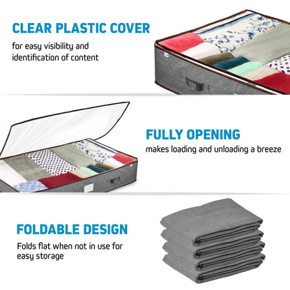 Under Bed Storage Bins - Pack Of 4 Under The Bed Storage Containers For Clothes, Blankets, Winter Clothing, & Shoes - Underbed Storage Containers With Handles, Dual Zippers, & Clear Top