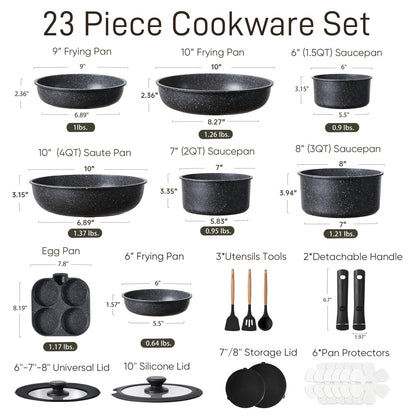 CAROTE 23pcs Pots and Pans Set Non Stick, Cookware Sets, Kitchen Set, Oven/Dishwasher/Fridge Safe, Space Saving Pots Set, Nonstick Set with Versatile Detachable Handle, Induction RV Set, Black