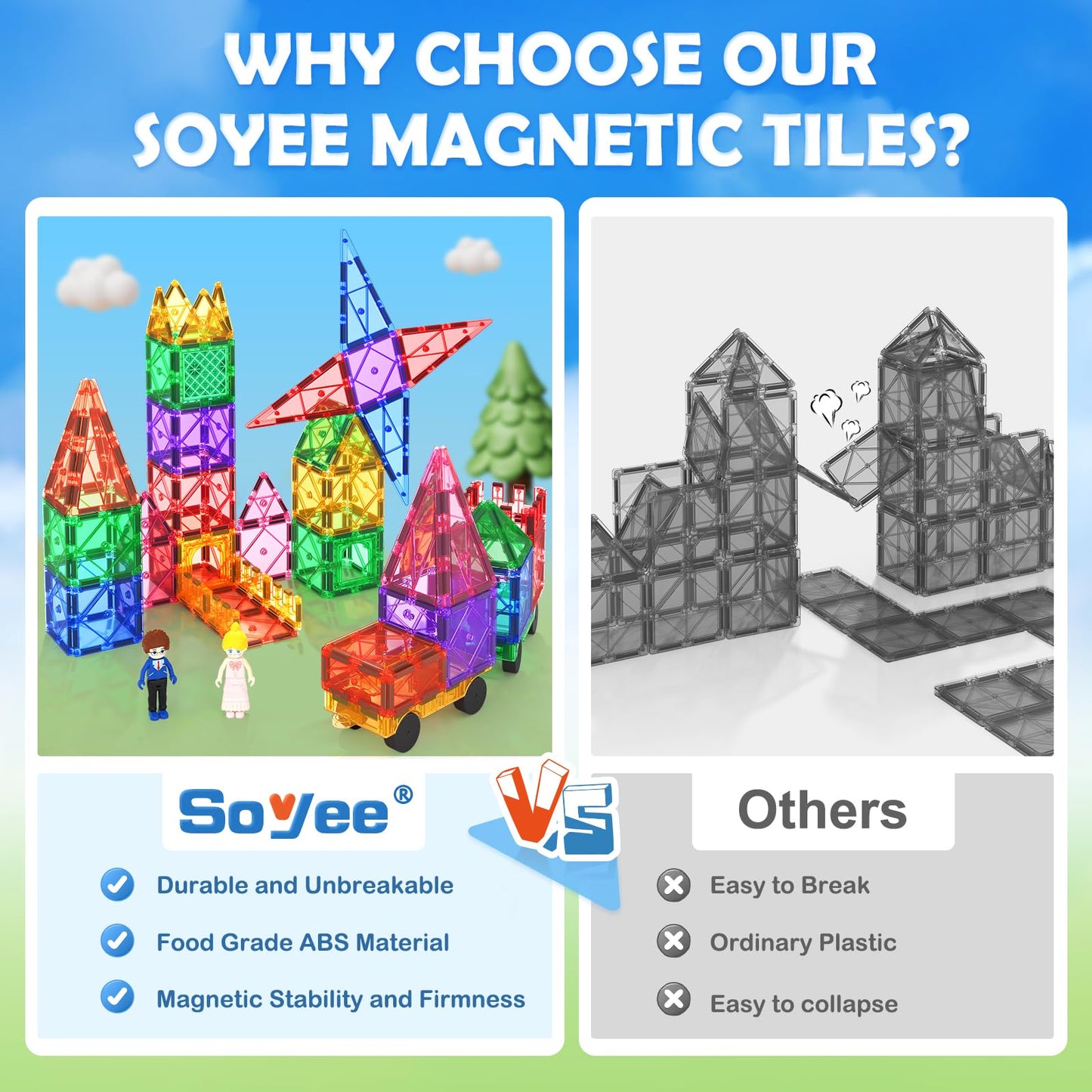 Magnetic Tiles with 2 Cars Kids Gifts Boys Toys for 3 Year Old Boys Educational Toys for Toddlers Kids Age 3-5 4-8 Car Train Building Toys