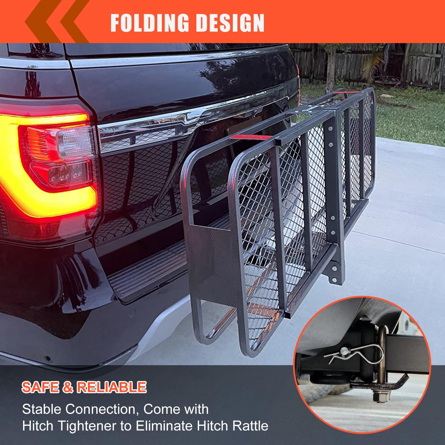 MeeFar Folding Hitch Mount Cargo Carrier Basket 60" X 20" X 6"+Waterproof Cargo Bag 16 Cubic Feet(58" 19" 24"),Hauling Weight Capacity of 500 Lbs and A Folding Arm.with Hitch Stabilizer,Net and Straps