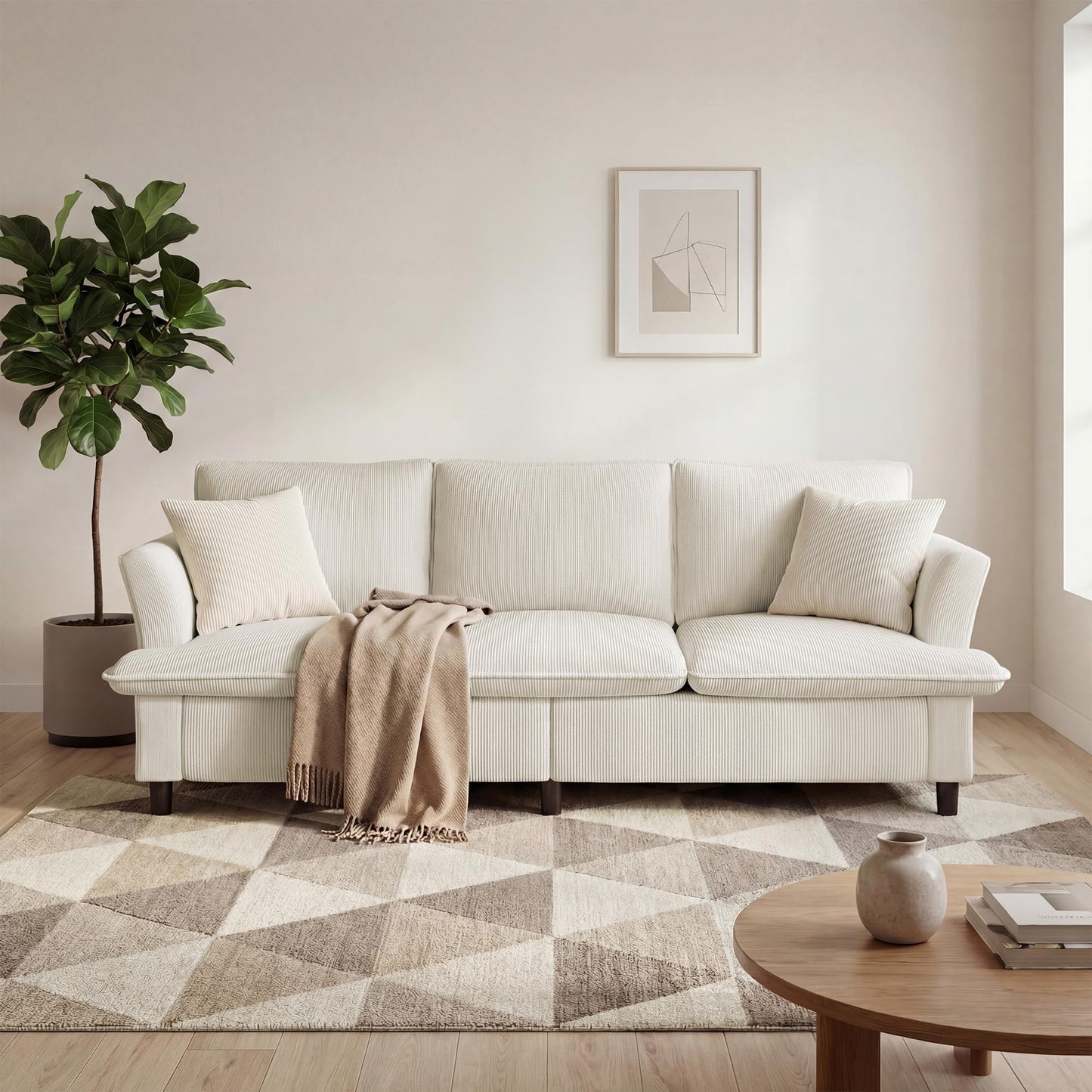 GRUSIGN 3 Seater Corduroy Couch, 89" Comfy Couch with Deep Seat, Modern Sofa Couch for Living Room, Office, Bedroom, Apartment (Pillows not Included)