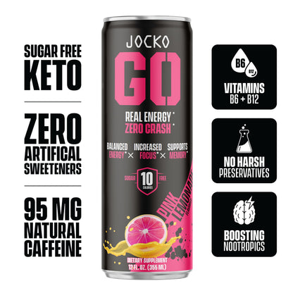 Jocko GO Energy Drink - KETO, Vitamin B12, Vitamin B6, Electrolytes, L Theanine, Magnesium- All Natural Energy Boost, Sugar Free Nootropic Monk Fruit Blend - 12 Pack (Pink Lemonade)