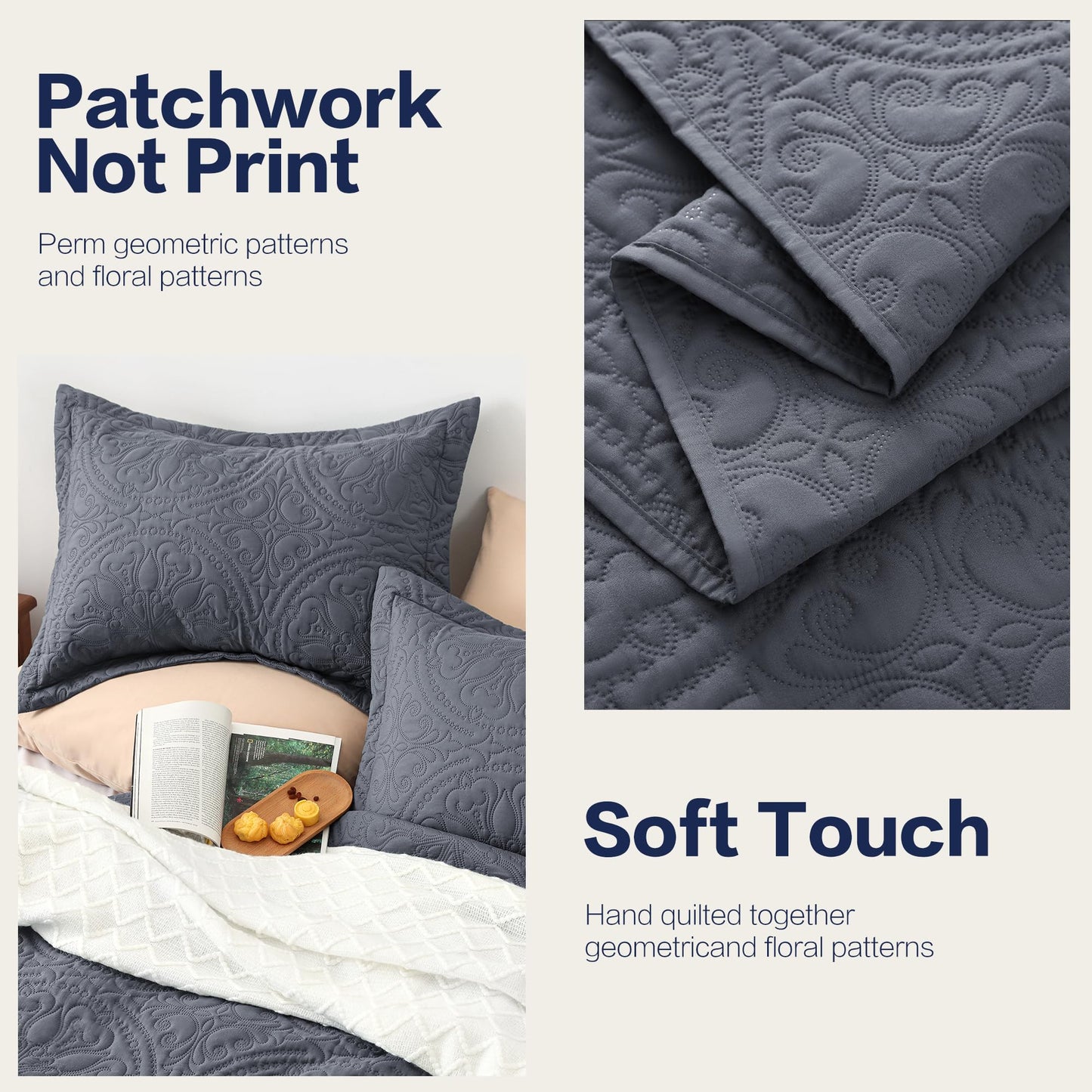 EXQ Home Quilt Set Full Queen Size Bluish Grey 3 Piece,Lightweight Soft Coverlet Mandala Flower Pattern Bedspread Set for All Season(1 Quilt,2 Pillow Shams)