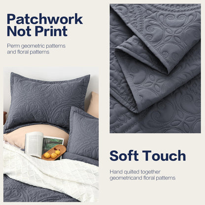 EXQ Home Quilt Set Full Queen Size Bluish Grey 3 Piece,Lightweight Soft Coverlet Mandala Flower Pattern Bedspread Set for All Season(1 Quilt,2 Pillow Shams)