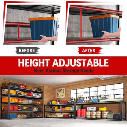 REIBII 78" H Garage Shelving, Storage Shelves Heavy Duty Load 3000LBS, Adjustable Heavy Duty Shelving, 5 Tier Metal Shelving Unit for Storage Rack, Basement, 55" W x 26" D x 78" H, Black