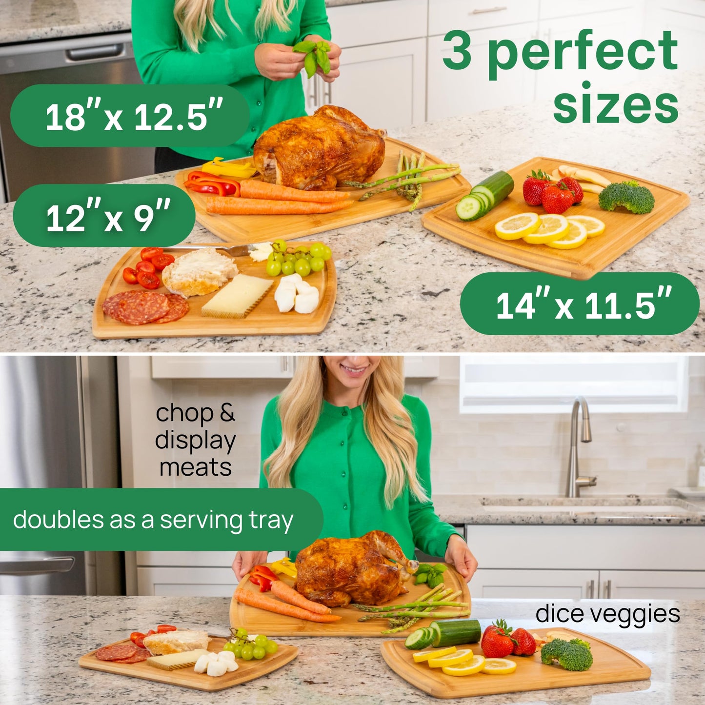 Organic Bamboo Cutting Board Set of 3 with Glue-Free Surface and Lifetime Replacements – Wooden Chopping Board for Kitchen with Juice Grooves for Carving & Serving, Non Toxic & Durable by Greener Chef