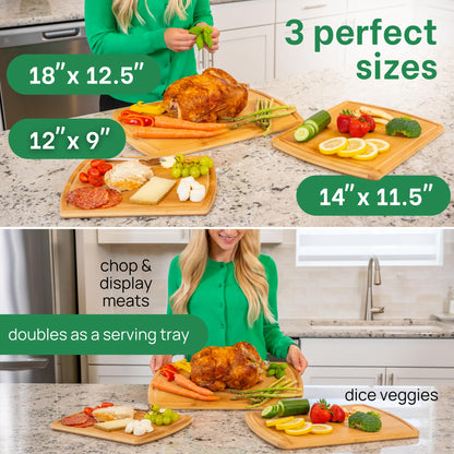 Organic Bamboo Cutting Board Set of 3 with Glue-Free Surface and Lifetime Replacements – Wooden Chopping Board for Kitchen with Juice Grooves for Carving & Serving, Non Toxic & Durable by Greener Chef