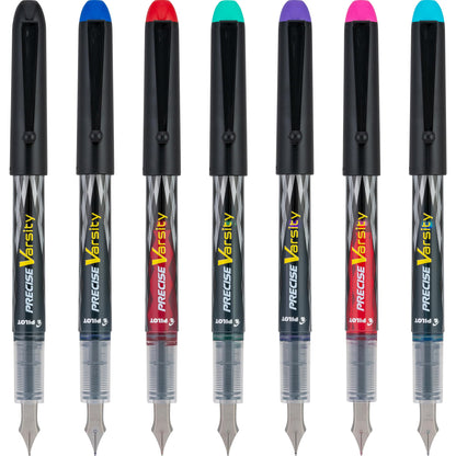 PILOT Pen 90029 Precise Varsity Pre-Filled Fountain Pens, Medium Point Stainless Steel Nib, Black/Blue/Red/Pink/Green/Purple/Turquoise, 7-Pack Pouch